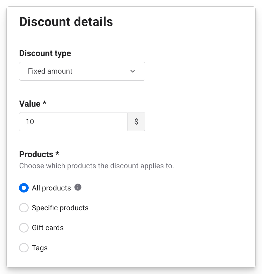 Form for entering discount details including type, value, and applicable products.